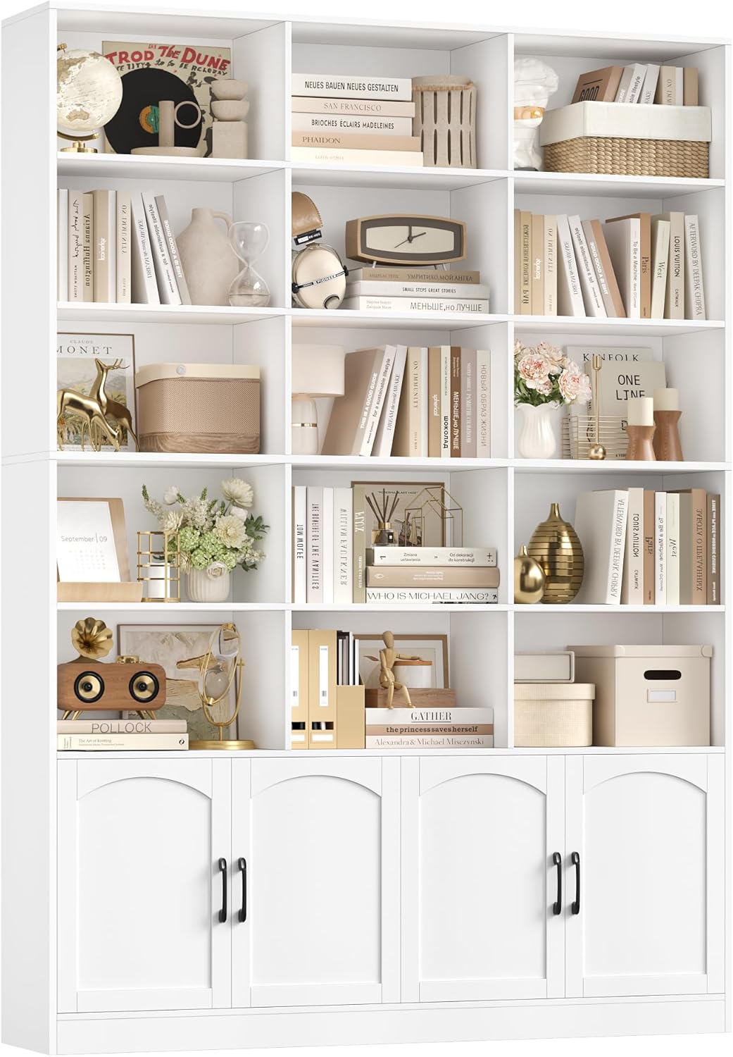 FirFurd 209 cm Bücherregal mit Türen Bücherschrank mit 15 Fächern Vitrinenschrank Hochschrank Holz Mehrzweckschrank groß für Wohnzimmer Arbeitszimmer Küche 150 x 23,7 x 209 cm Weiß