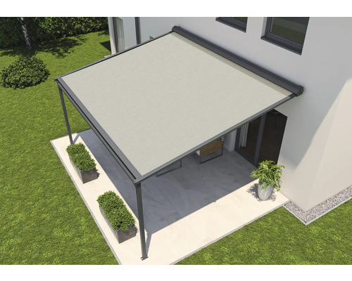 SOLUNA Pergola met stoffen dak 4x3, stoffen dessin S1469, frame RAL 7016 antracietgrijs, aandrijving links inclusief motor, wandschakelaar (wandmontage)