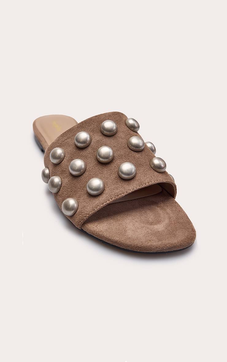 Taupe Sandales Mules À Clous Gunmetal En Synthétique