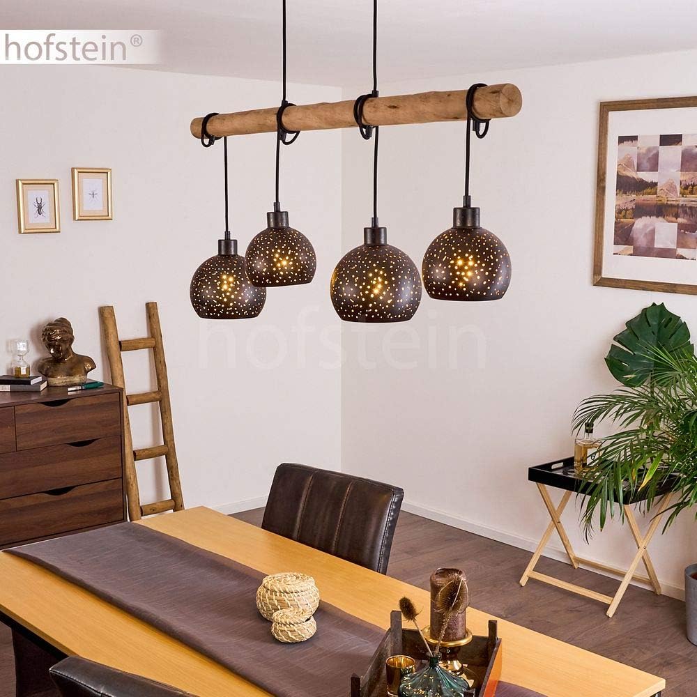 HOFSTEIN Pendelleuchte Imana 4-flammige Deckenlampe aus Metall in schwarz und kupferfarben, Vintage Look, Pendellampe mit Holz in Natur für Esszimmer, Küche, 4 x E27, höhenverstellbar bis max. 120cm