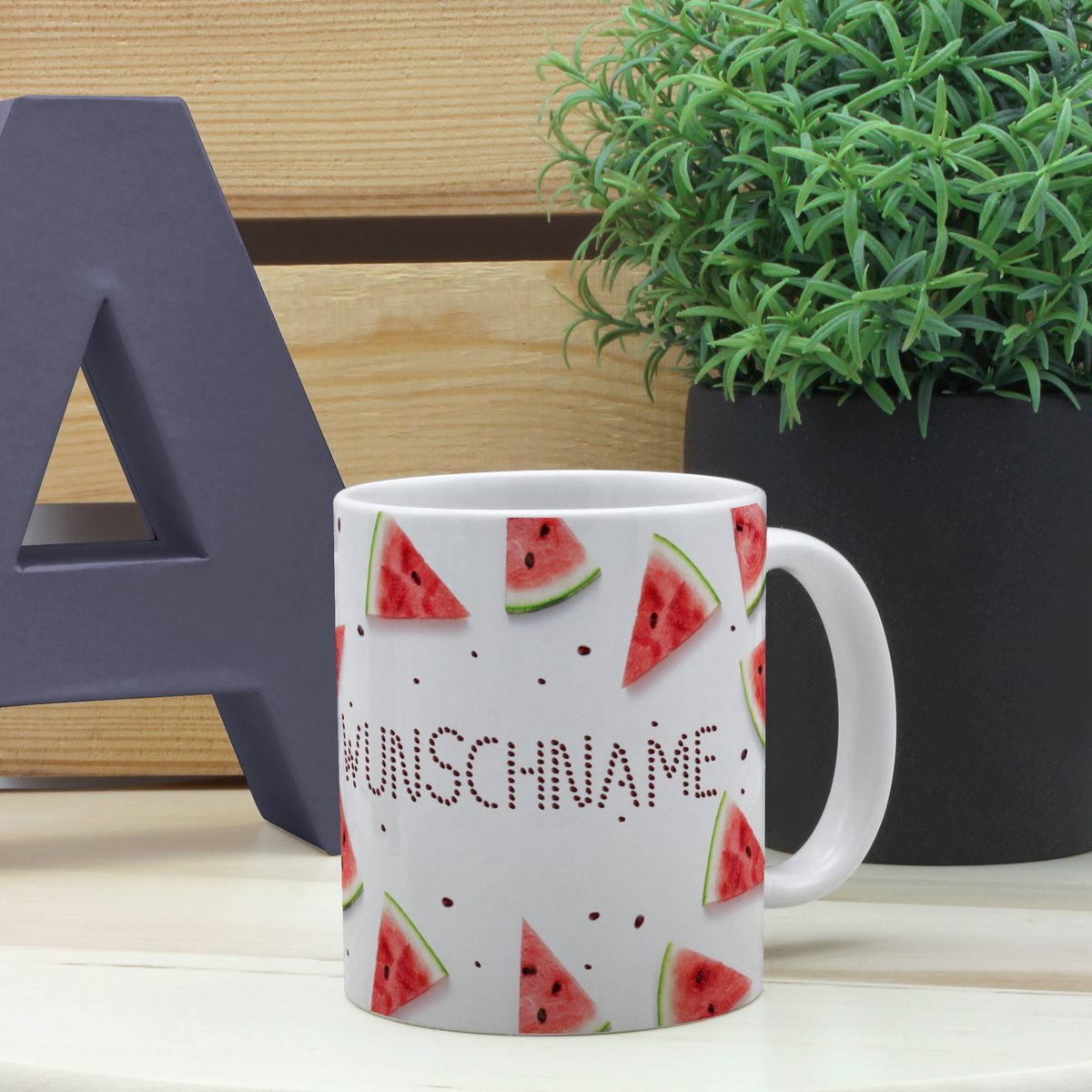 Personalisierte Panorama-Tasse, weiß (Motiv: Melone)