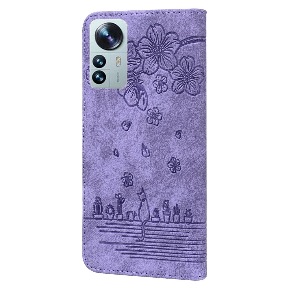 Xiaomi 12 Leder Tasche Flip Cover Katze & Blumen Imprint - Lila