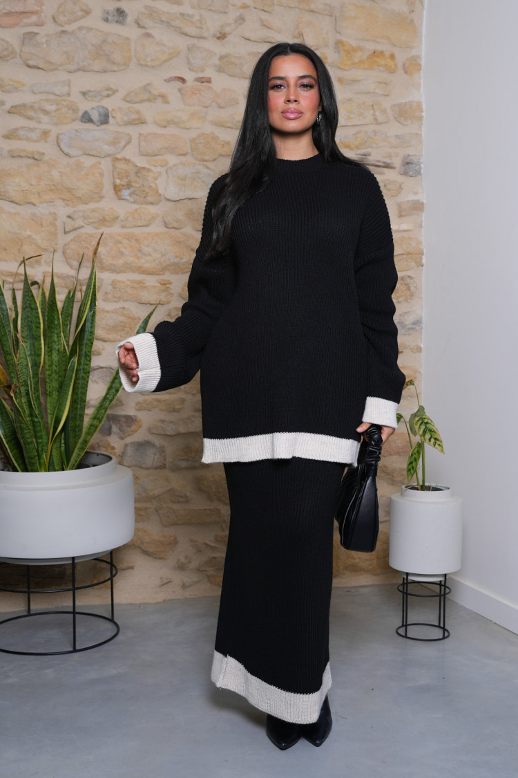 Ensemble 2 pièces pull + jupe bicolore noir et beige
