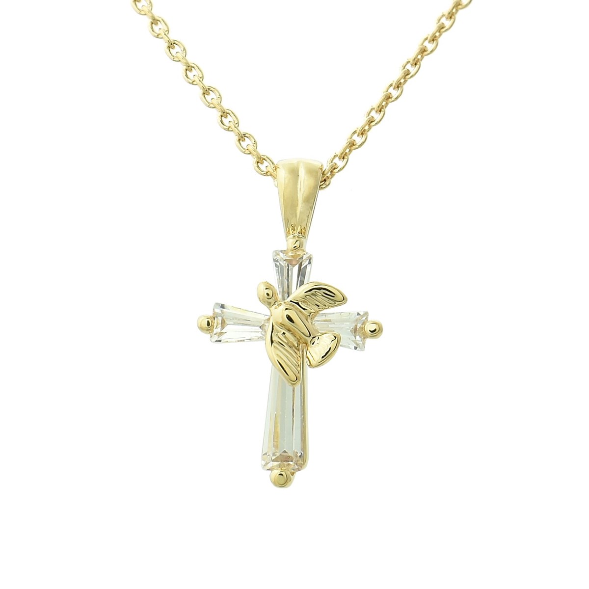 Collier croix d'oxydes de zirconium avec une colombe Plaqué OR 750 3 microns