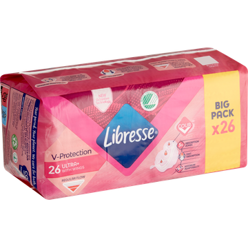 Libresse V-Protection Maandverbanden Ultra+ with Wings Regular Flow Big Pack 26 Stuks
