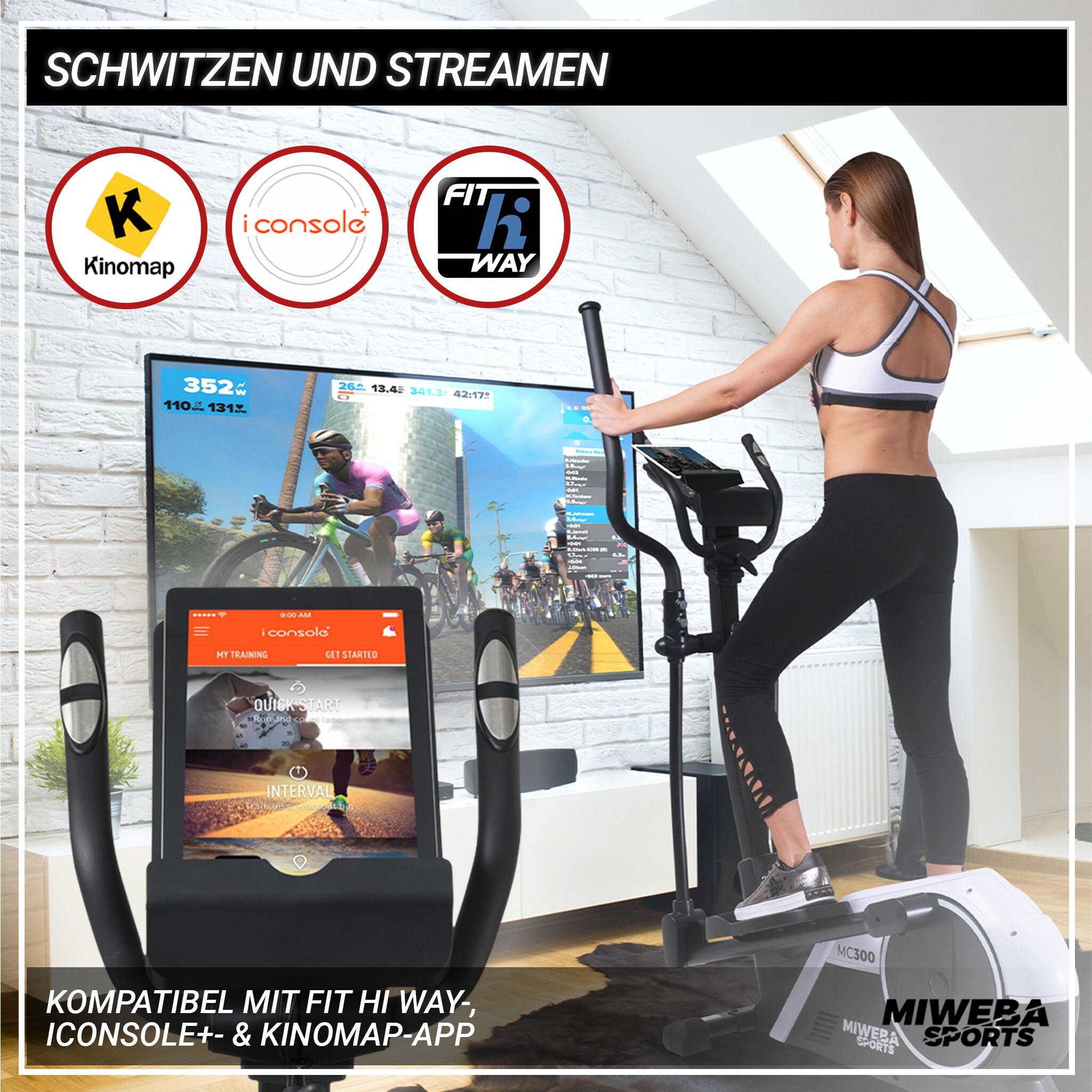 Miweba Sports Crosstrainer MC300, 21 kg Schwungmasse, verstellbar, Pulsgurt, mit App, Magnetbremse (Weiß/Schwarz)