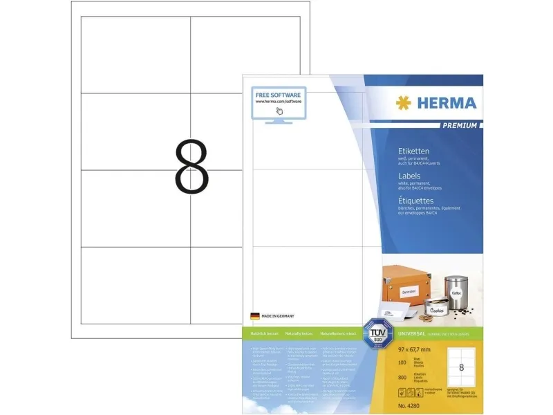 HERMA Premium - Papir - mat - permanent selvklæbende - hvid - 97 x 67.7 mm 800 etikette(r) (100 ark x 8) laminerede etiketter