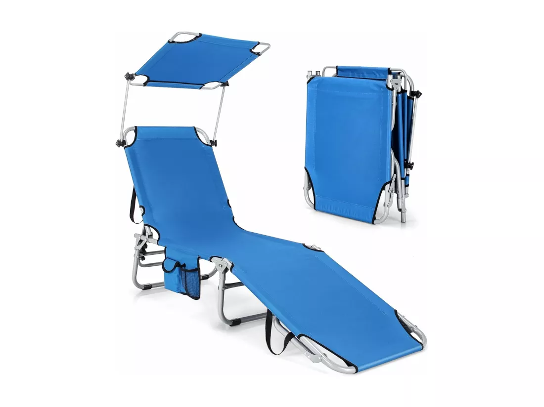 Chaise Longue Pliante Inclinable à 5 Positions avec Auvent Rotatif à 360°, pour CamBoisg Terrasse, Charge Max 150 kg, Bleu