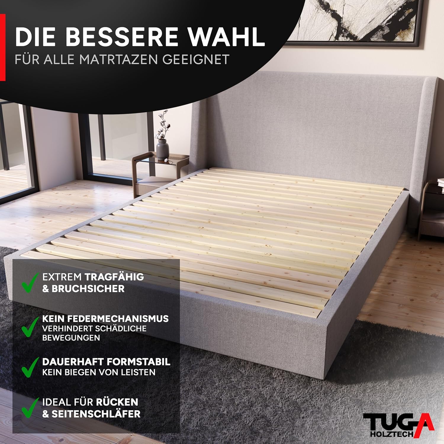 TUGA - Holztech Rollrost und Auflagerrahmen Lattenrost 120 x 200 cm 300kg Palettenbett Gästebett