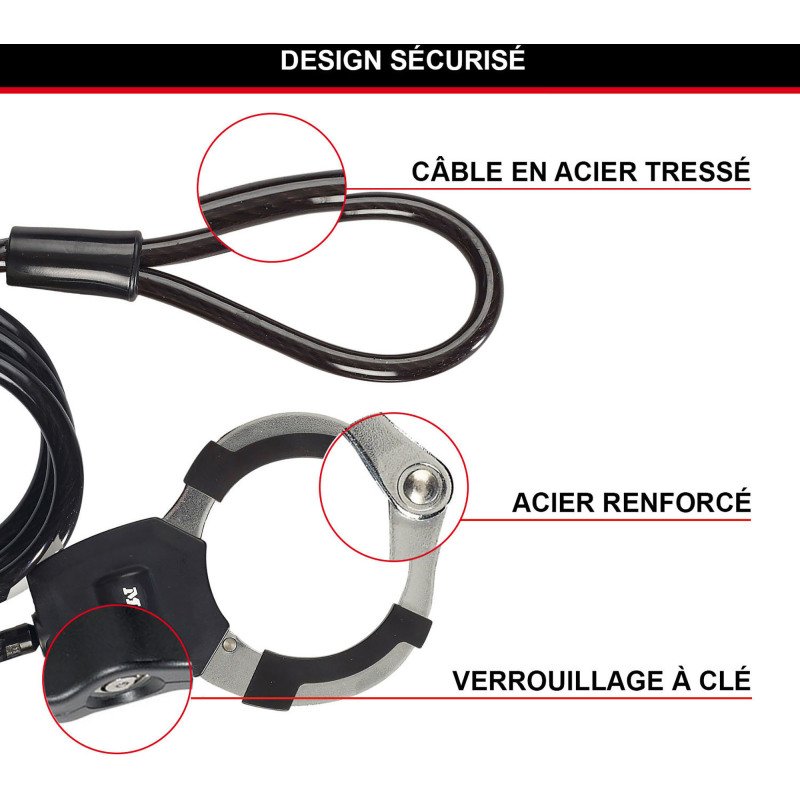 Câble antivol à clé avec menotte 1 m