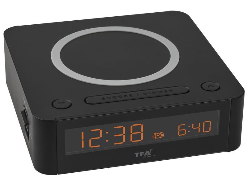 TFA Dostmann Digitalwecker Easy Charge Schwarz Digitaler Wecker mit kabelloser Ladestation