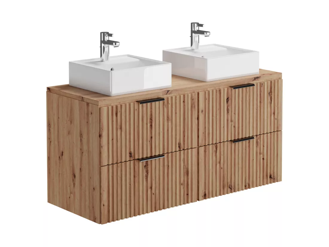 Meuble de salle de bain suspendu strié avec double vasque à poser carrée - Naturel clair - L120 cm - ZEVARA