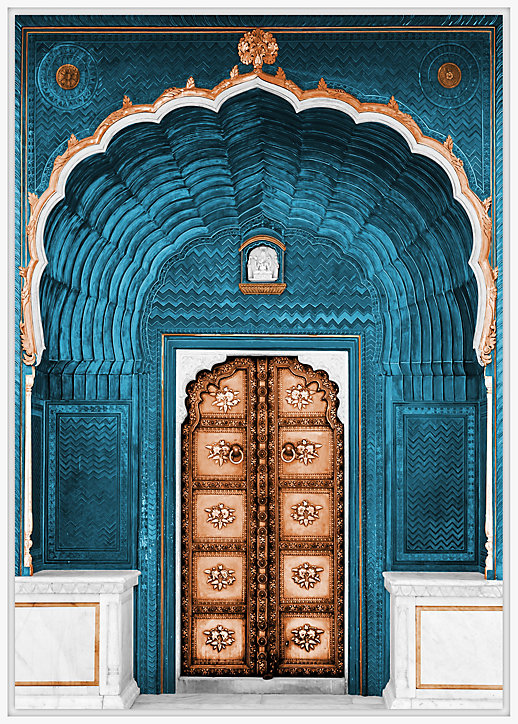 Toile imprimée porte bleu et or l.60 x H.90 cm