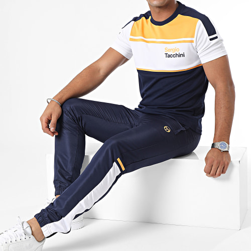 Ensemble Tee Shirt A Bandes Et Pantalon Jogging Text Bleu Marine Blanc