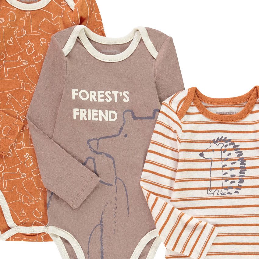 Lot de 7 bodies manches longues en coton bio print animaux pour bébé garçon - Ecru