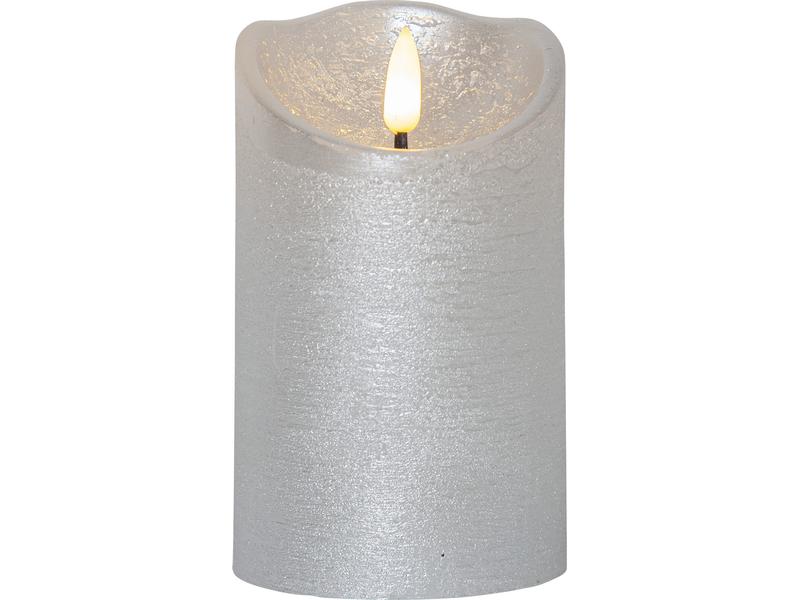 Star Trading LED-Kerze Flamme Rustic, Ø 7.5 x 12.5 cm, Silb LED-Echtwachskerze für Innenbereich mit Timer-Funktion
