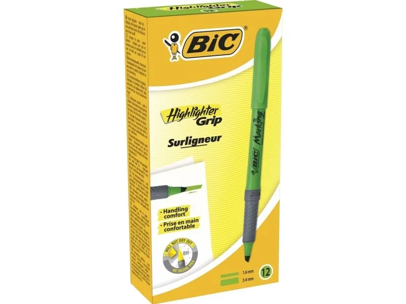 Overstregningspen BIC Highlighter Grip grøn med skrå spids - (12 stk.)