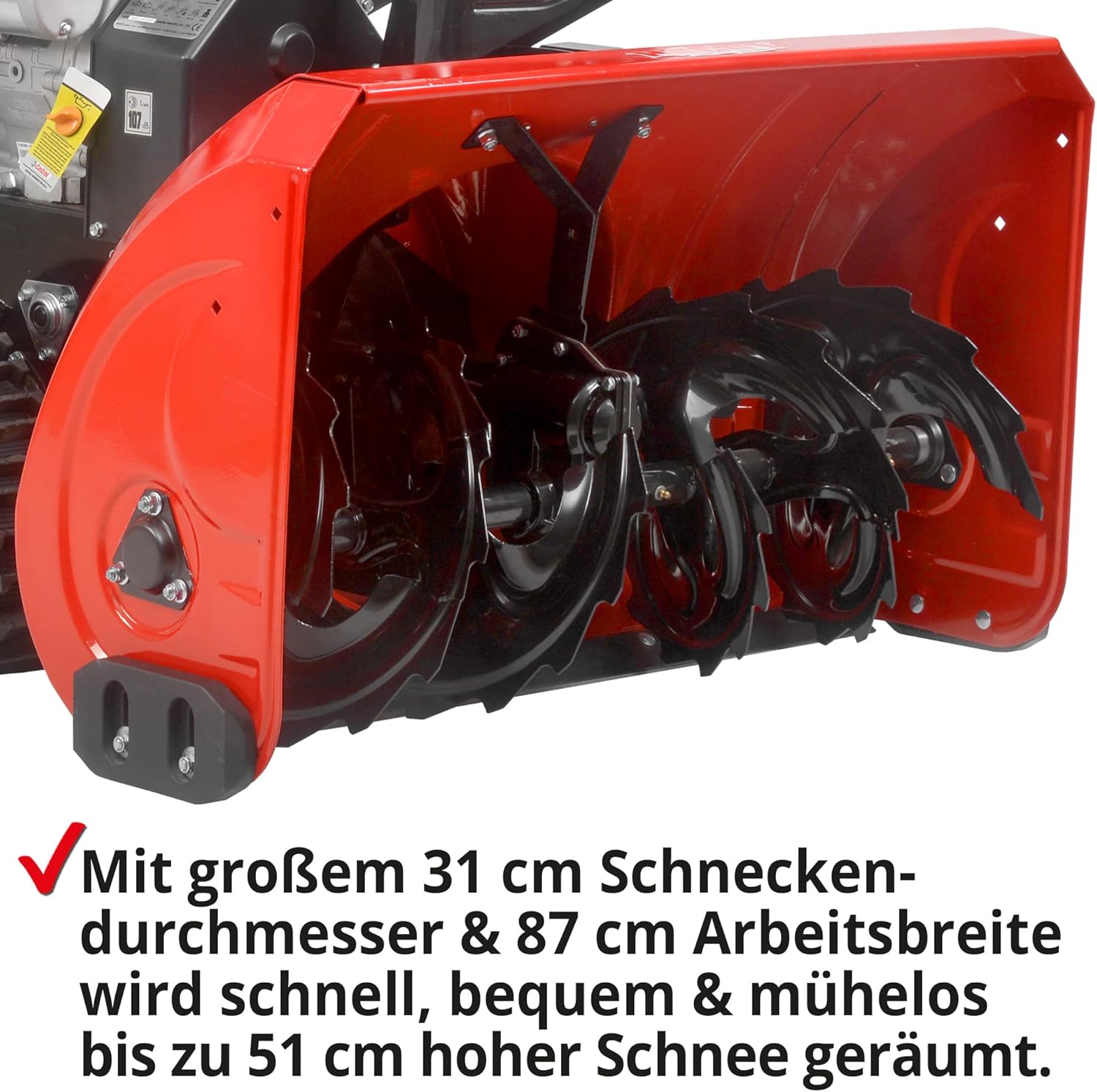 HECHT Schneefräse Benzin – 87 cm Arbeitsbreite – 2-stufig – 51 cm Arbeitshöhe – 15 m Auswurfweite – mit E-Start, Raupenantrieb, 6-Vorwärts- & 2-Rückwärtsgänge, LED-Scheinwerfer, Griffheizung