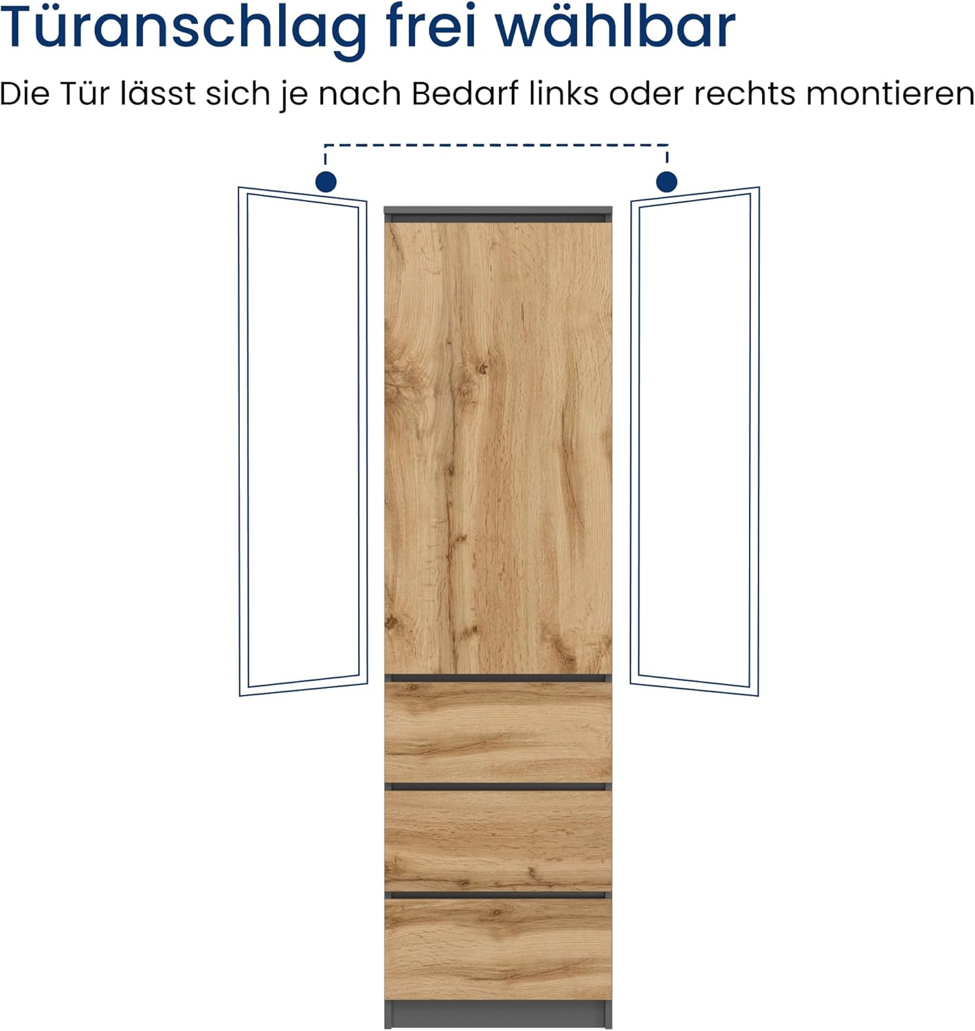 Home Collective Kleiderschrank, Garderobenschrank, Mehrzweckschrank mit 3 Einlegeböden & 3 Schubladen | Schrank für Schlafzimmer, Flur oder Arbeitszimmer | 50x40x180 cm (BxTxH) | Anthrazit-Eiche