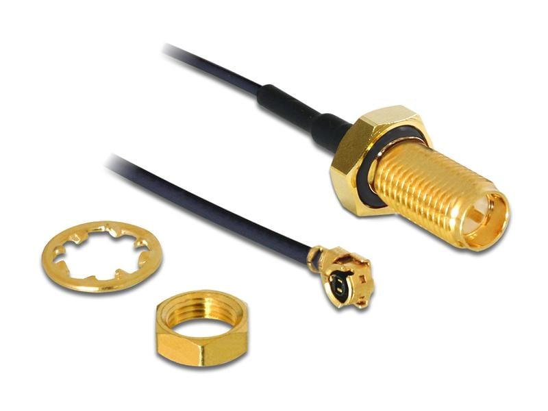 Delock Antennenkabel RP-SMA zu MHF I, 0.2 m Delock Antennenkabel RP-SMA Buchse zum Einbau zu MHF I Stecker 1.13 20 cm Gewindelänge 10 mm spritzwassergeschützt
