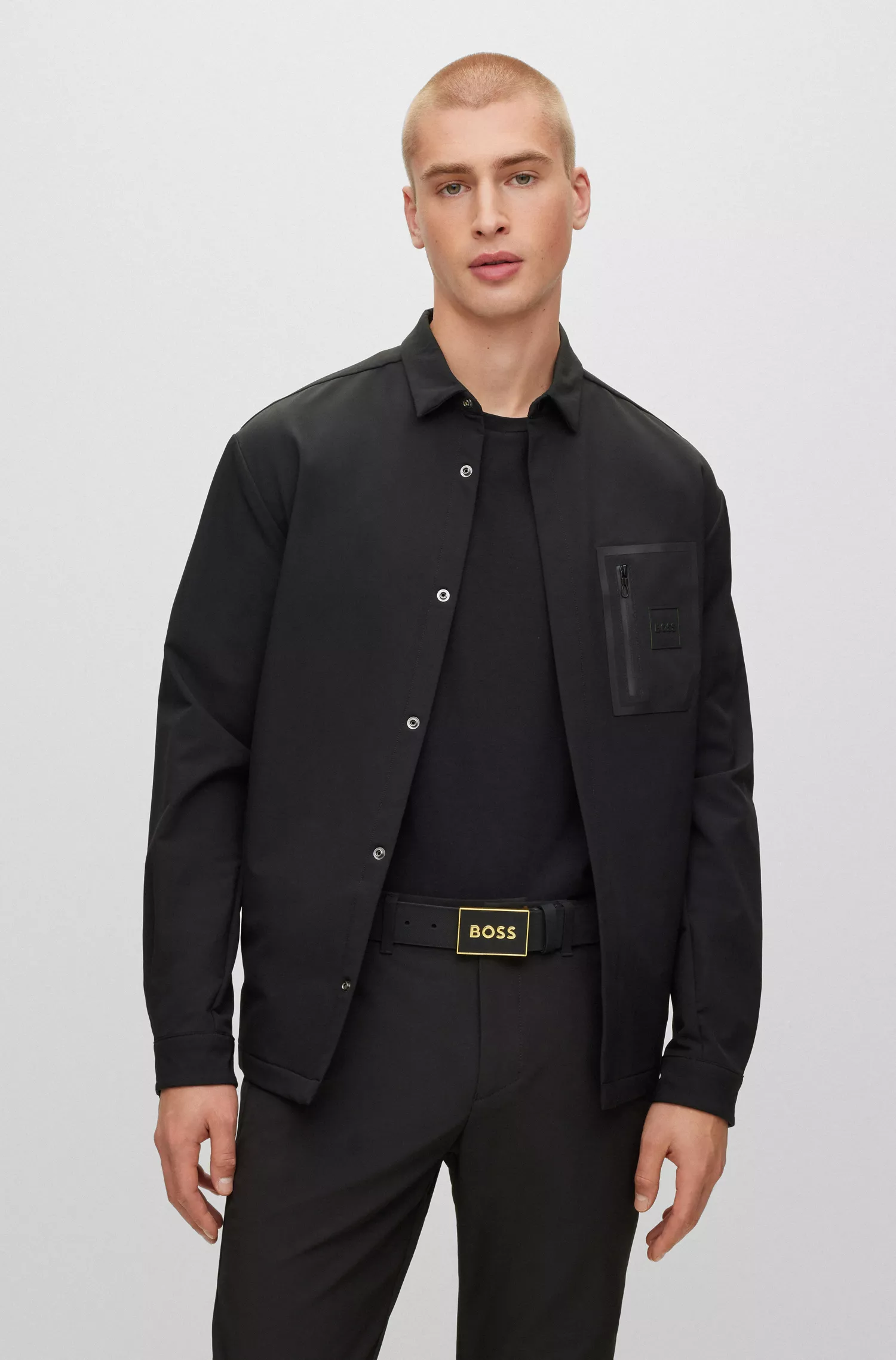 Cinto BOSS em couro italiano preto com fivela de placa texturizada