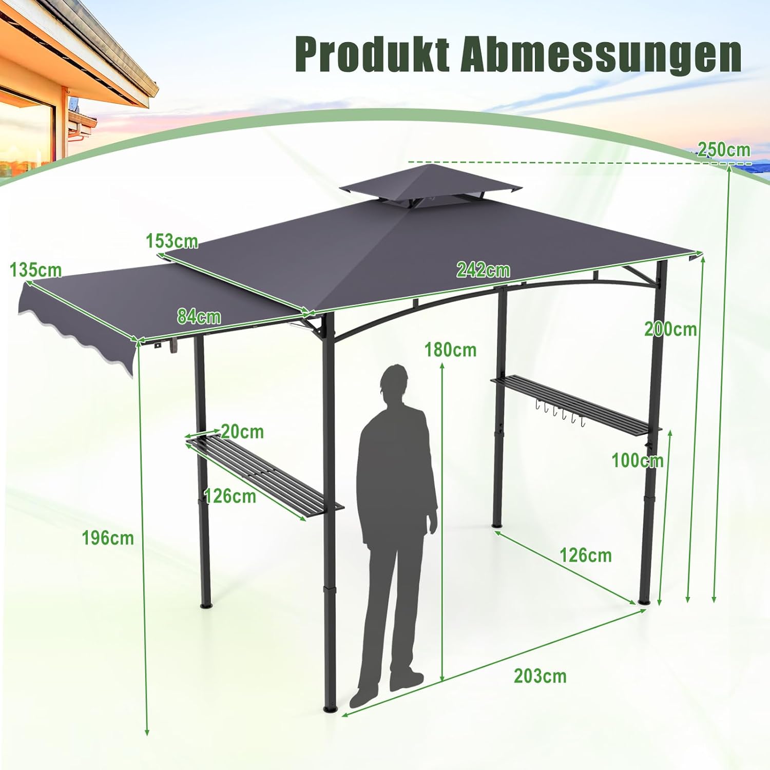 COSTWAY Grillpavillon mit Seitenmarkise, Doppeldach, 2 Seitenregalen & Haken, Gartenpavillon BBQ Pavillon, Grillüberdachungen wetterfest, Grillunterstand Garten Partys, 318x153x250 cm (Dunkelgrau)