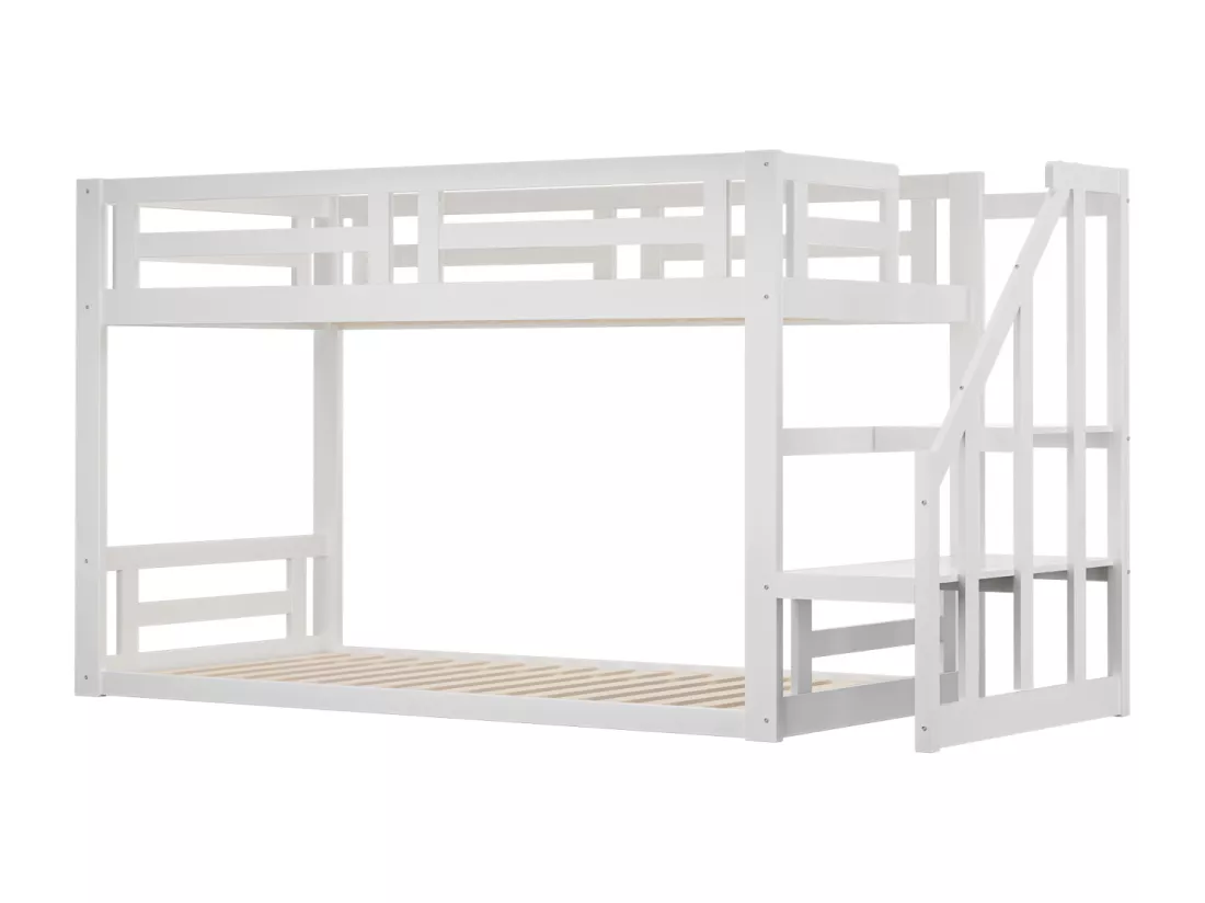 Lit superposé 90x200cm - lit d'enfant avec escalier de sécurité, cadre de lit en bois massif et sommier à lattes - blanc