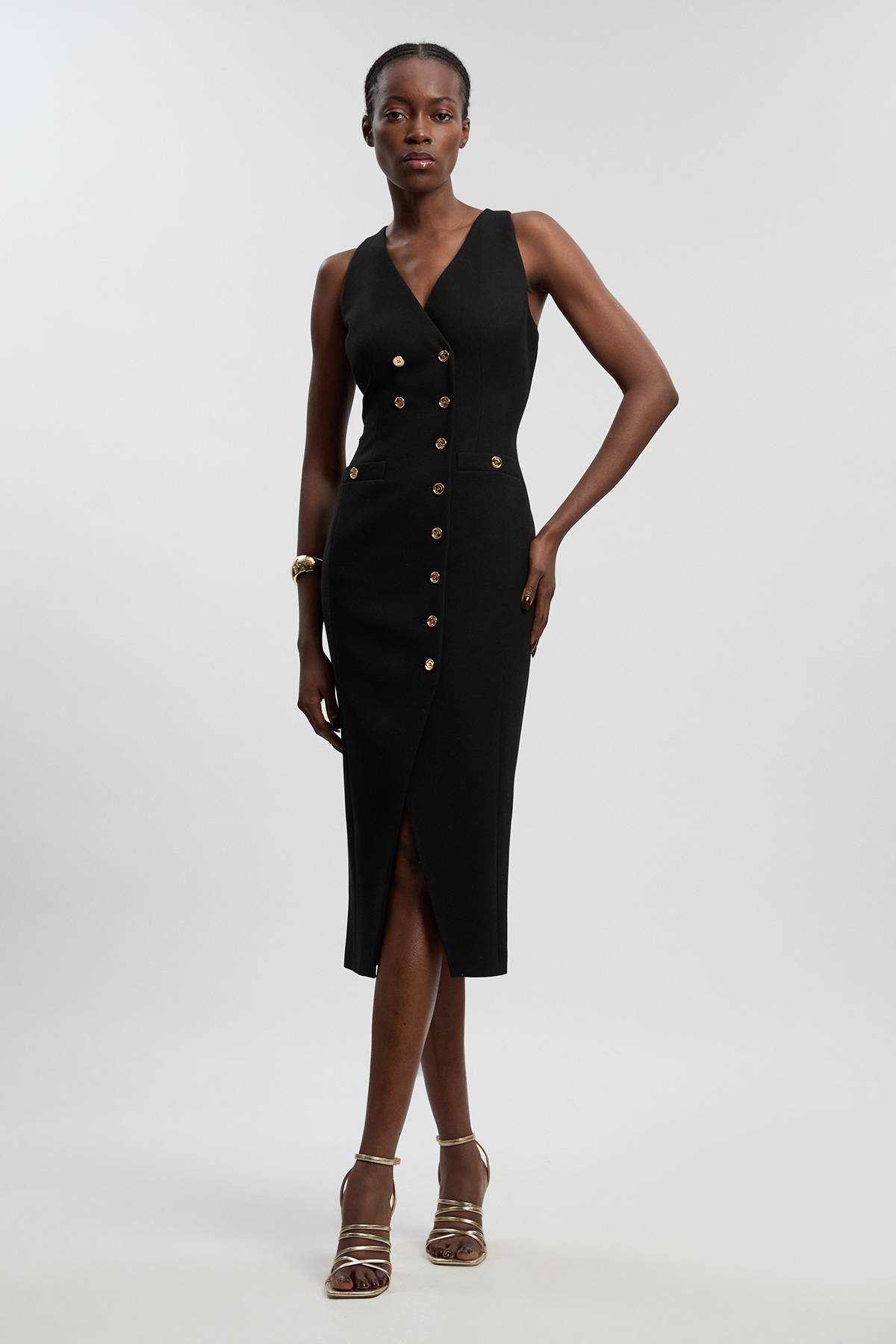 KarenMillen Robe Midi Moulante Texturée À Col V Et Détails Boutons