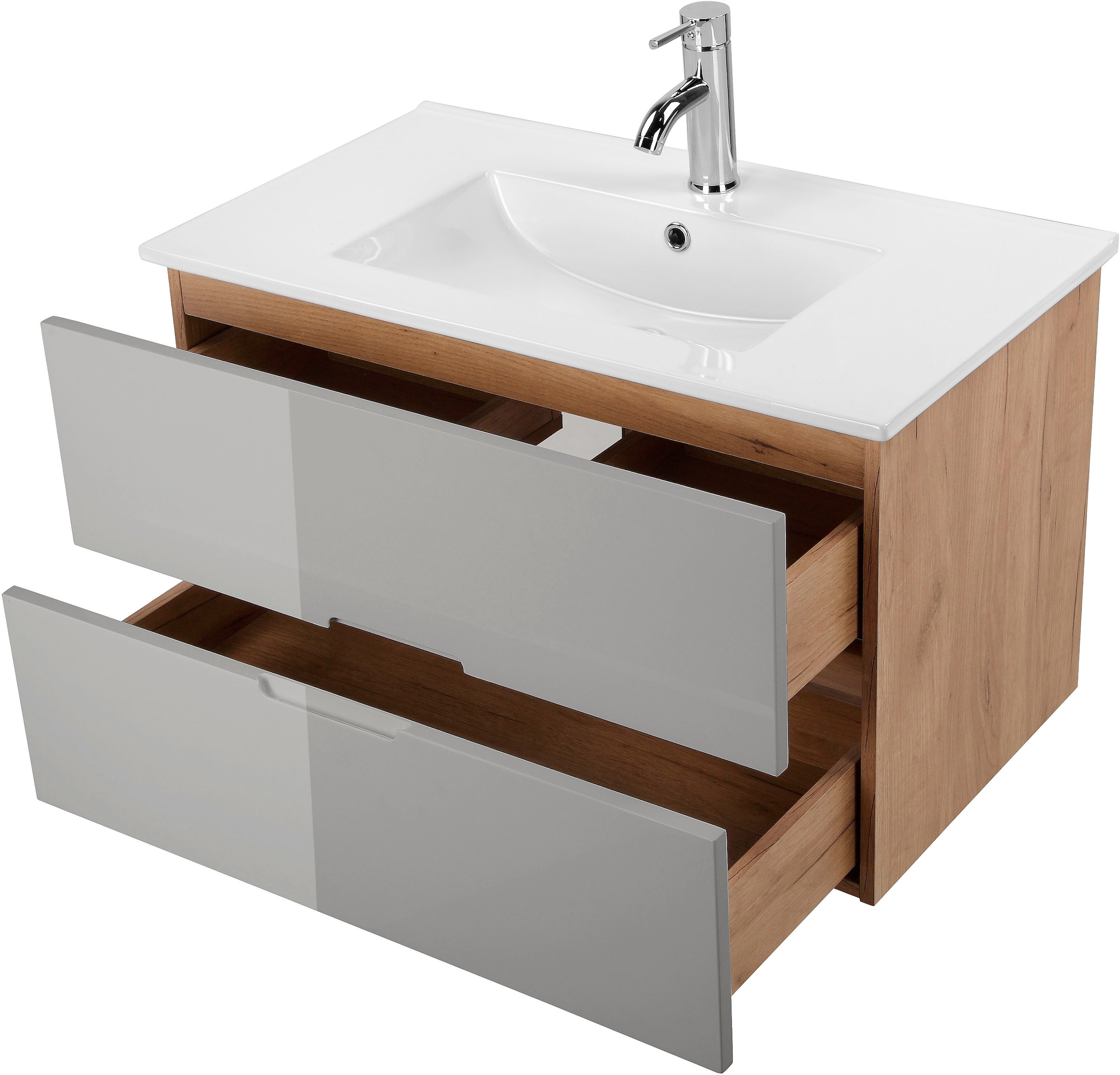 welltime Waschtisch »Lund Badezimmerschrank Unterschrank mit Becken« Set,  Waschplatz mit Waschbecken  und 2 Auszügen Breite 80 cm