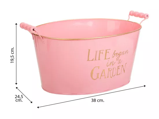 Bassine en métal rose 38/33.5x24.5x16.5/19h b:28x19.5