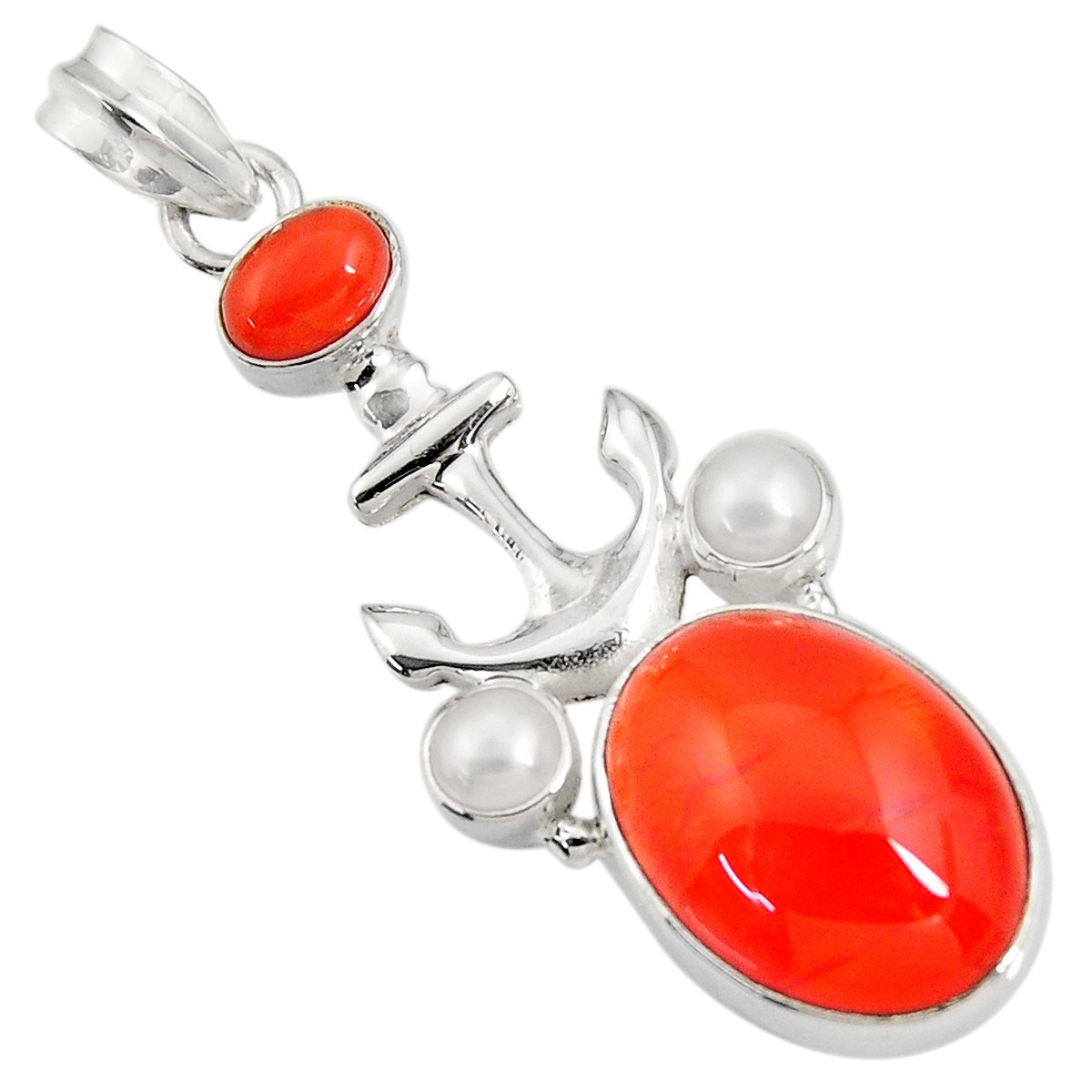 Pendentif en argent ancre serti de 2 cornalines agate rouge + chaine 4cm gxi316