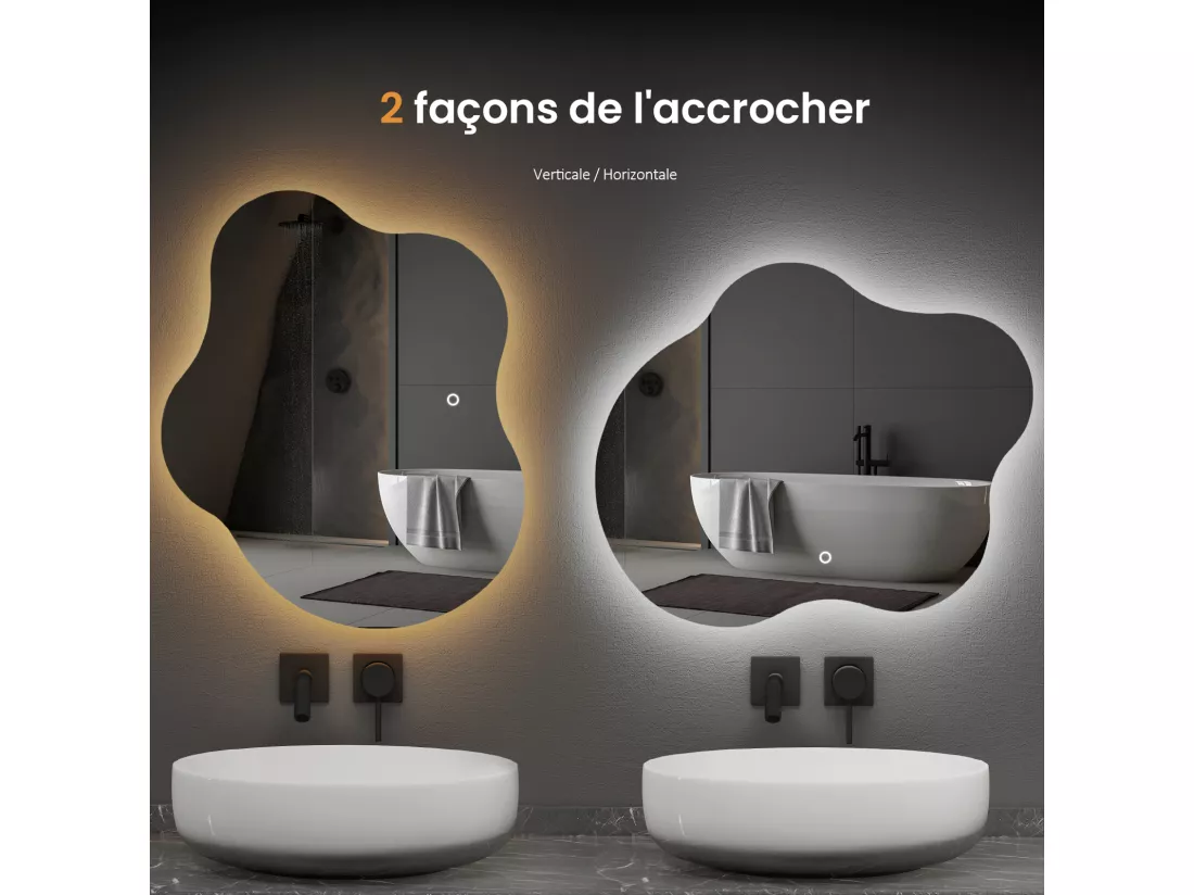 EMKE Miroir lumineux salle de bain sans cadre 60x50cm , Miroir LED avec Interrupteur Tactile, Anti-buée, Miroir avec 3 couleurs de Lumières