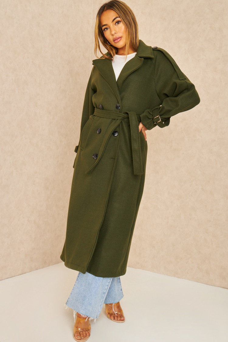 Manteau long duveteux style trench kaki