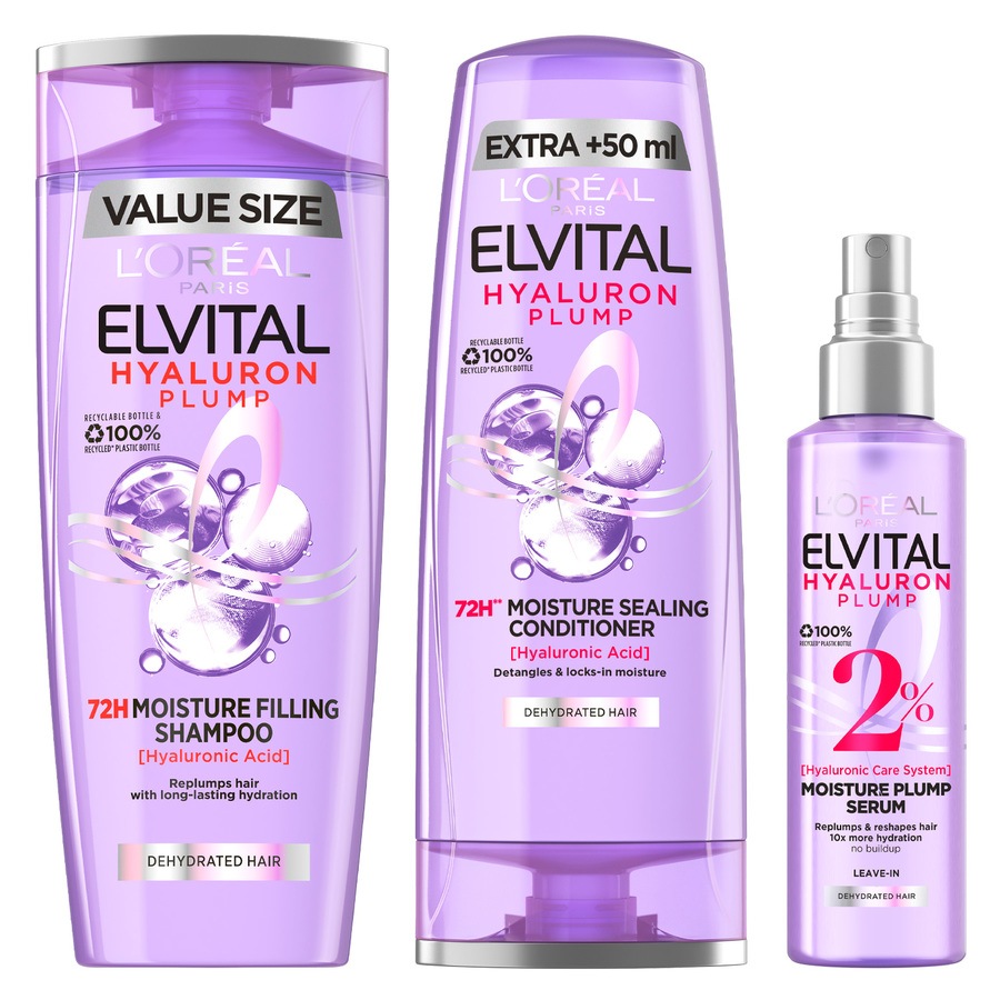 L'Oréal Paris Elvital Hyaluron Plump Leave-in Spray 150ml + Shampoo 400ml + Conditioner 300ml