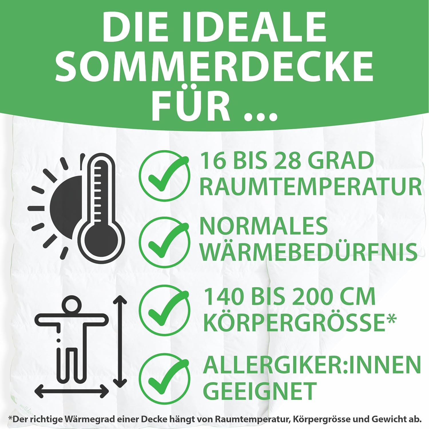 Welldora Komfort Bettdecke 200x200 Sommer | 100% Extraweiche Federn & Daunen | Fachärztlich geprüft, Oeko-Tex, Allergiker | Zertifiziert für Tierwohl | Dünne leichte Sommerdecke Daunendecke 200x200