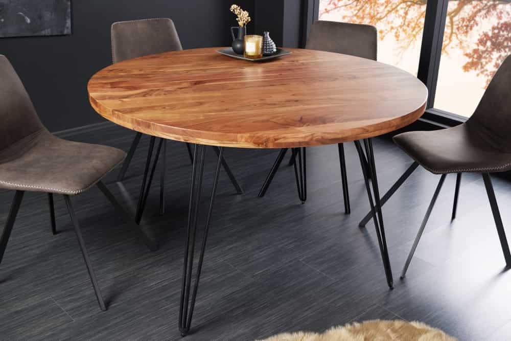 Runder Esstisch SCORPION 120cm Akazie natur Massivholz Hairpin Legs Retro Design