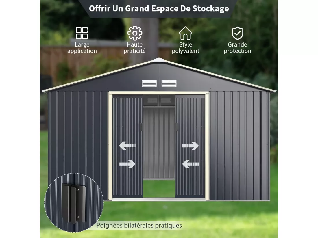 Abri de Jardin Métal 2 Portes Coulissantes Verrouillables, 4 Trous d’Aération, Toit Penché, Cabane Exterieur pour Vélo, Poubelle, 340 x 255 x 210 cm (Gris)