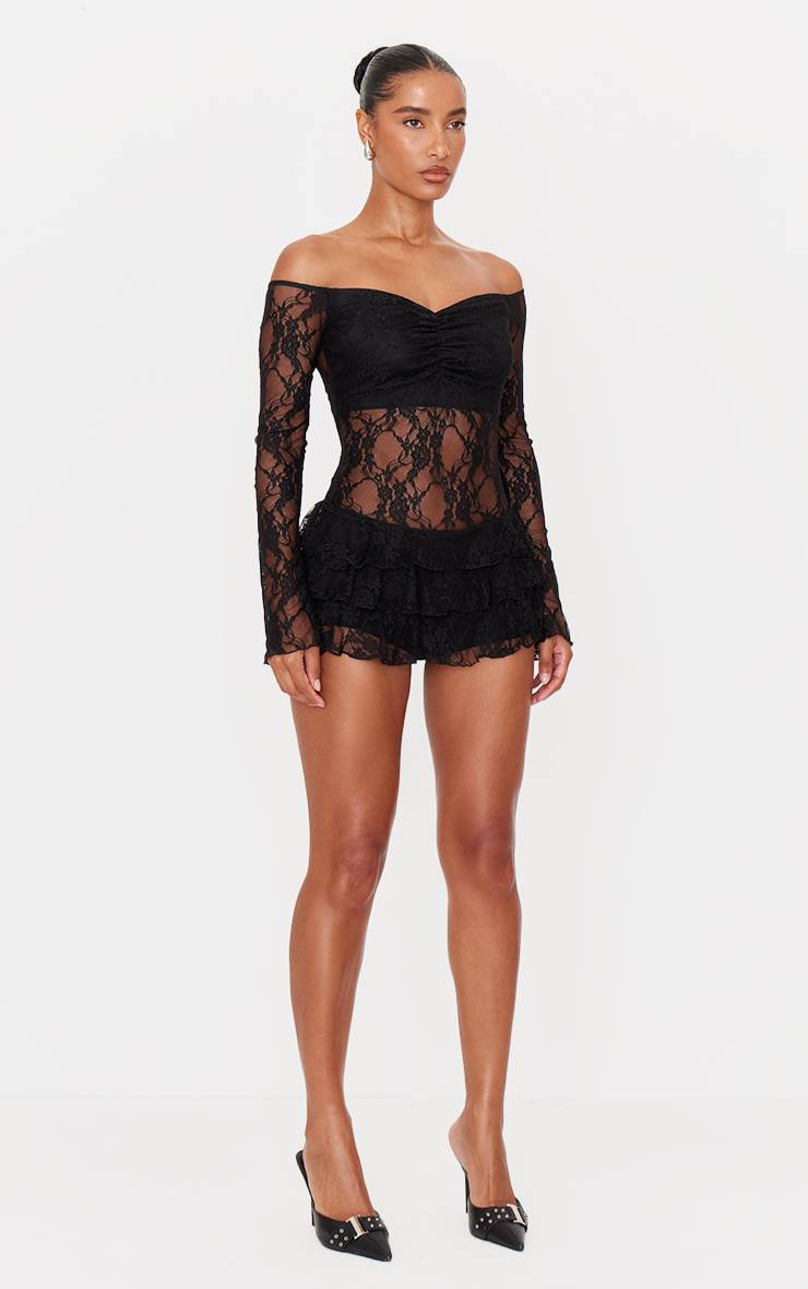 Noir Combishort Jupe-short Épaules Dénudées En Dentelle À Volants