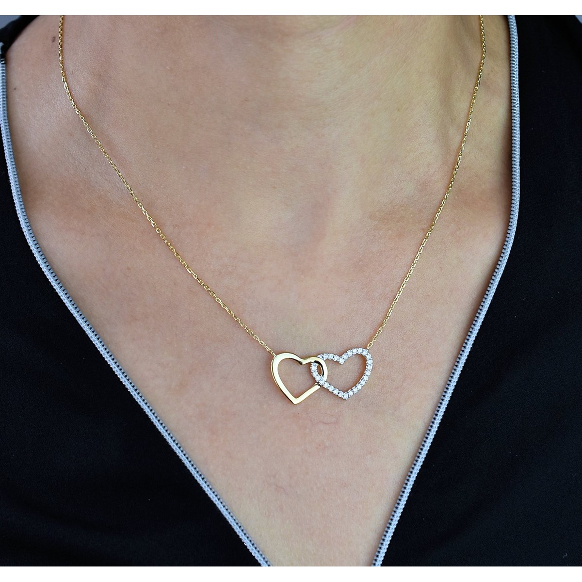 Collier 2 coeurs oxyde de zirconium Plaqué OR 750 3 microns 2 tons