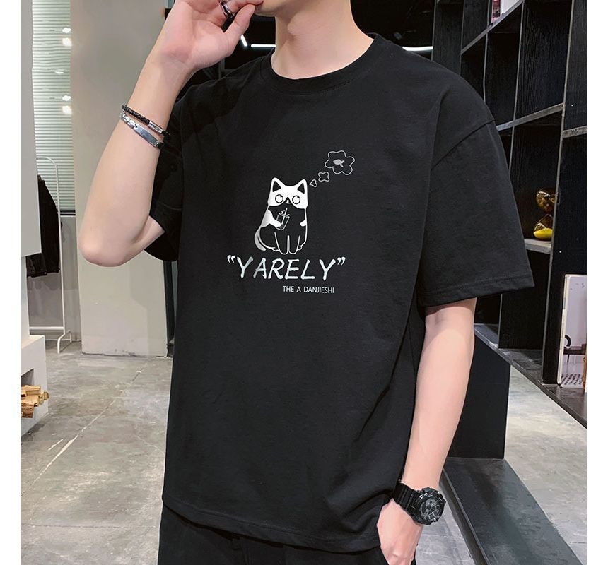 Wewewow - T-shirt met korte mouwen, ronde hals en kattenprint