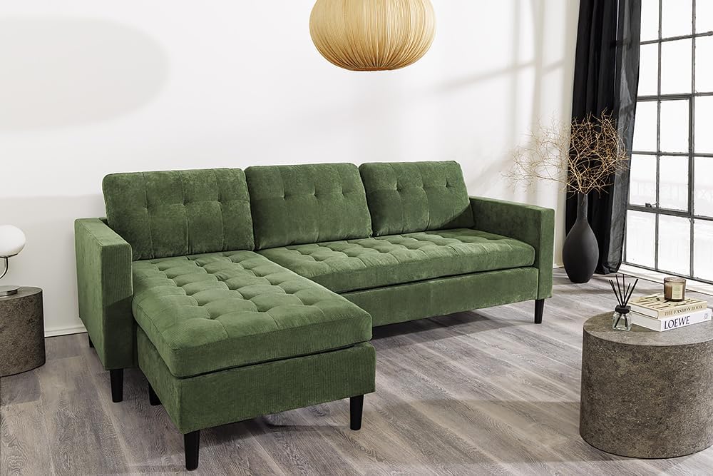 Riess Ambiente Retro Ecksofa Stockholm - 220cm - grün Cordstoff - Federkern 3-Sitzer Couch