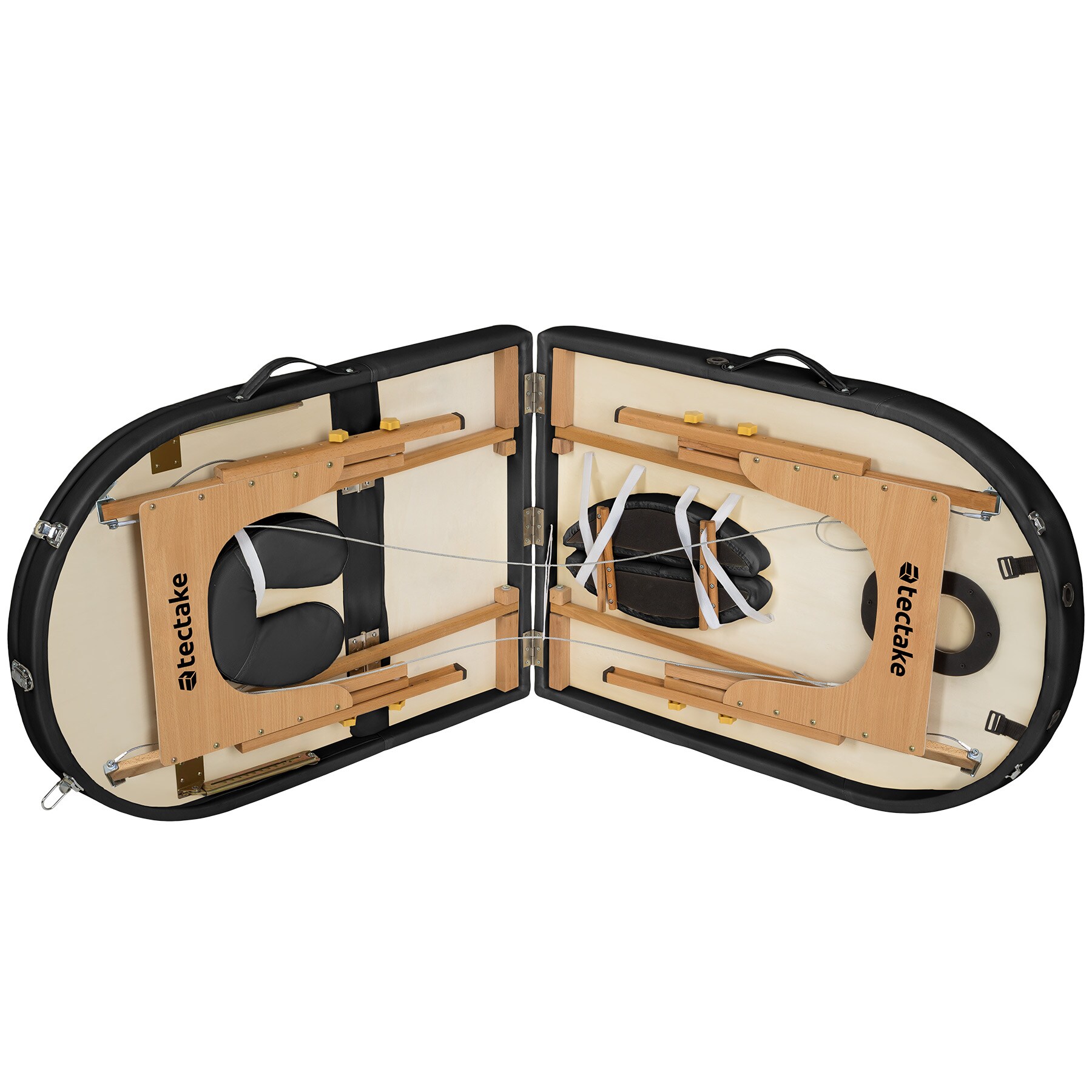 tectake® 3 Zonen Massageliege, oval, Polsterung 5 cm, mit Holzgestell, verstellbare Ablagen für Kopf und Arme, 230 x 104 x 62,5 - 85 cm