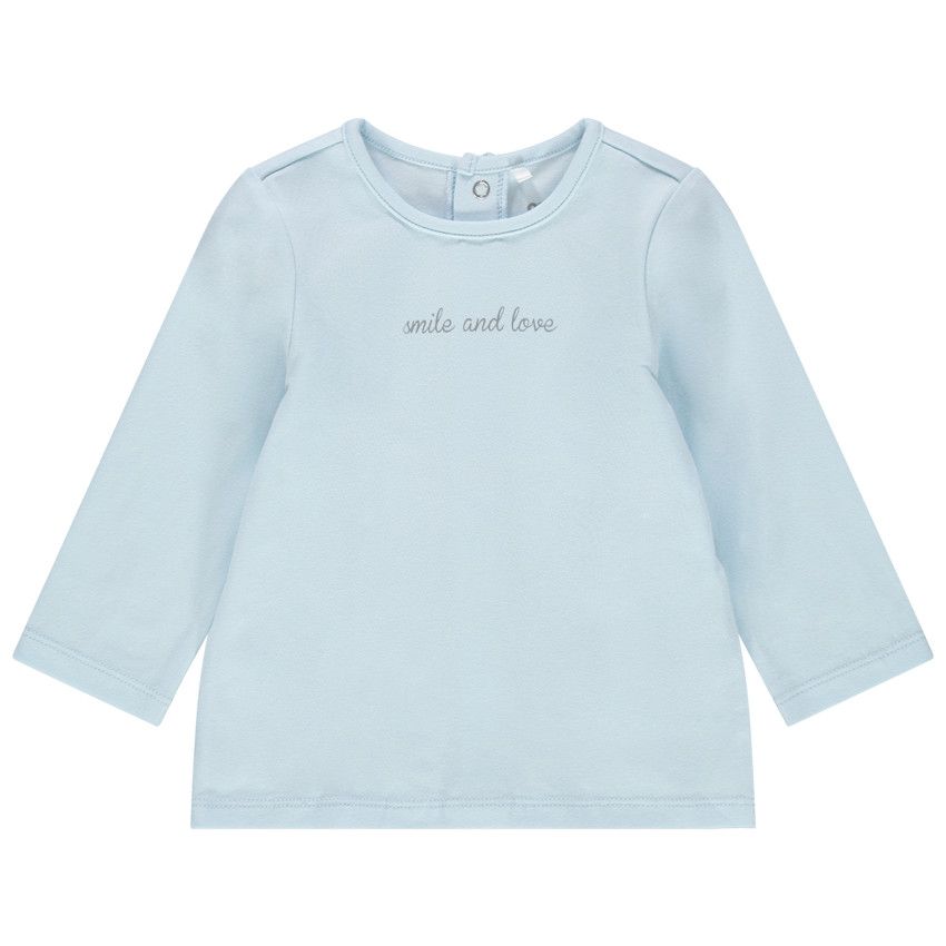 T-shirt manches longues en coton bio à message printé bleu ciel - Bleu