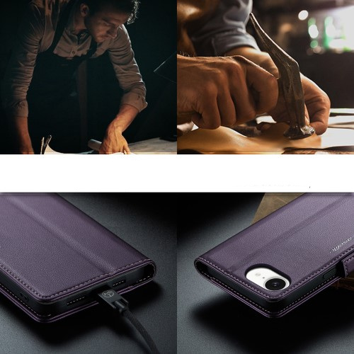 iPhone 16e Leder Tasche Flip Wallet Etui mit Kartenfächern Litchi Look (RFID Schutz) - Lila