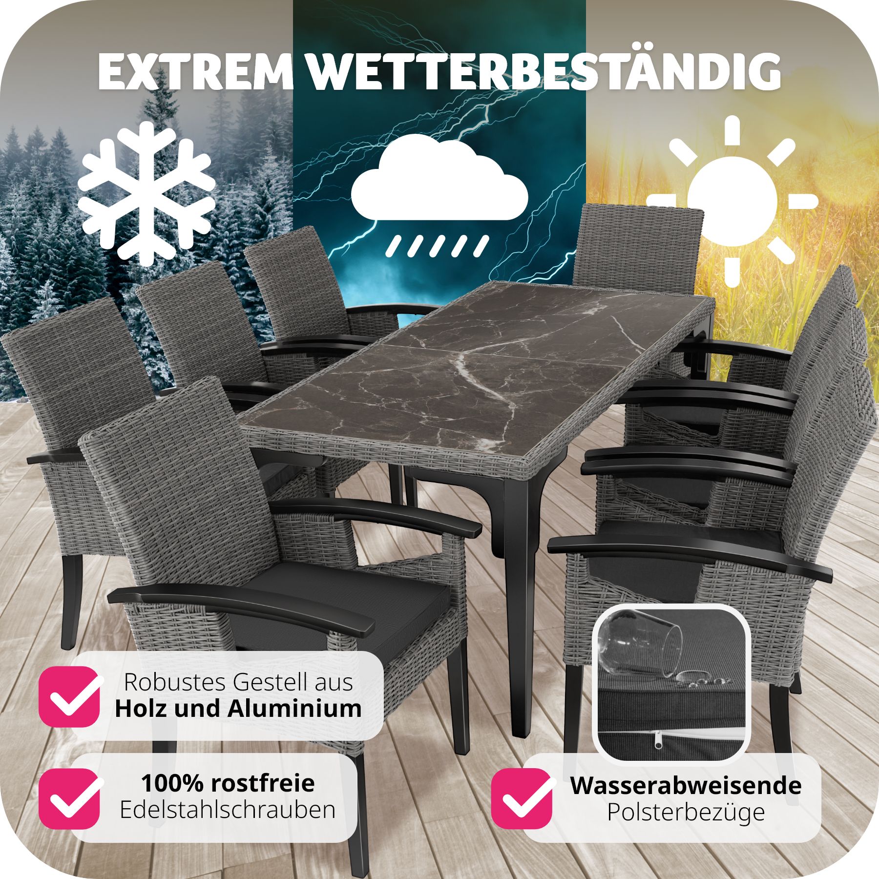 tectake® Rattan Tisch Foggia mit 8 Stühlen Rosarno, mit stabilen Holzgestellen, wetterfest und UV-beständig, Armlehnen und Beine aus Holz