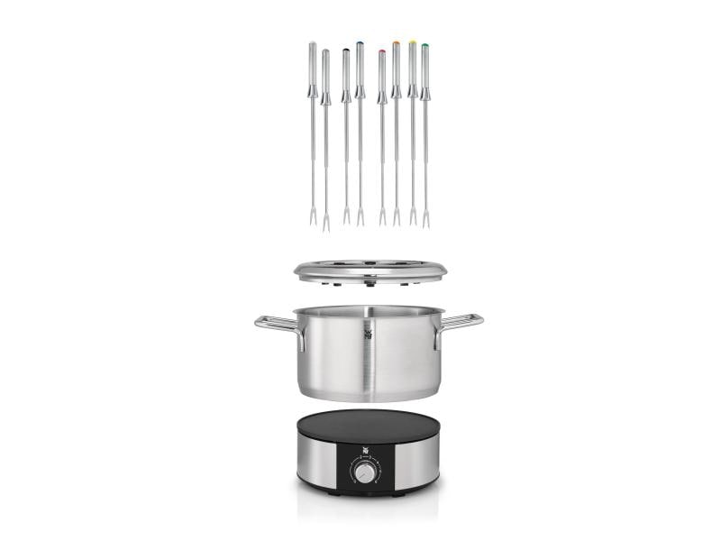 WMF Fleischfondue-Set LONO Fondue 10 Teile, Silber Edelstahl Fonduetopf mit 1400 W-Heizplatte und 8 Gabeln mit Farbmarkierung