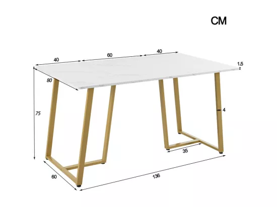 Table à manger 140x80 cm - structure en métal - placage à motif de marbre - Blanc & Doré