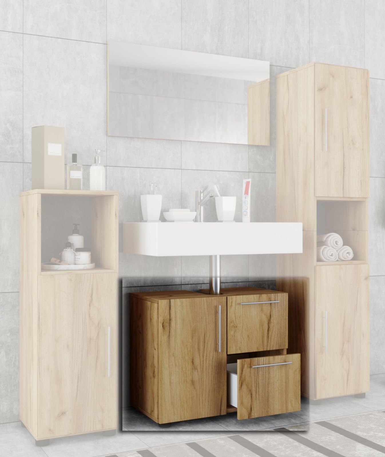 Badunterschrank FLANDU - Honig-Eiche - 61 cm breit