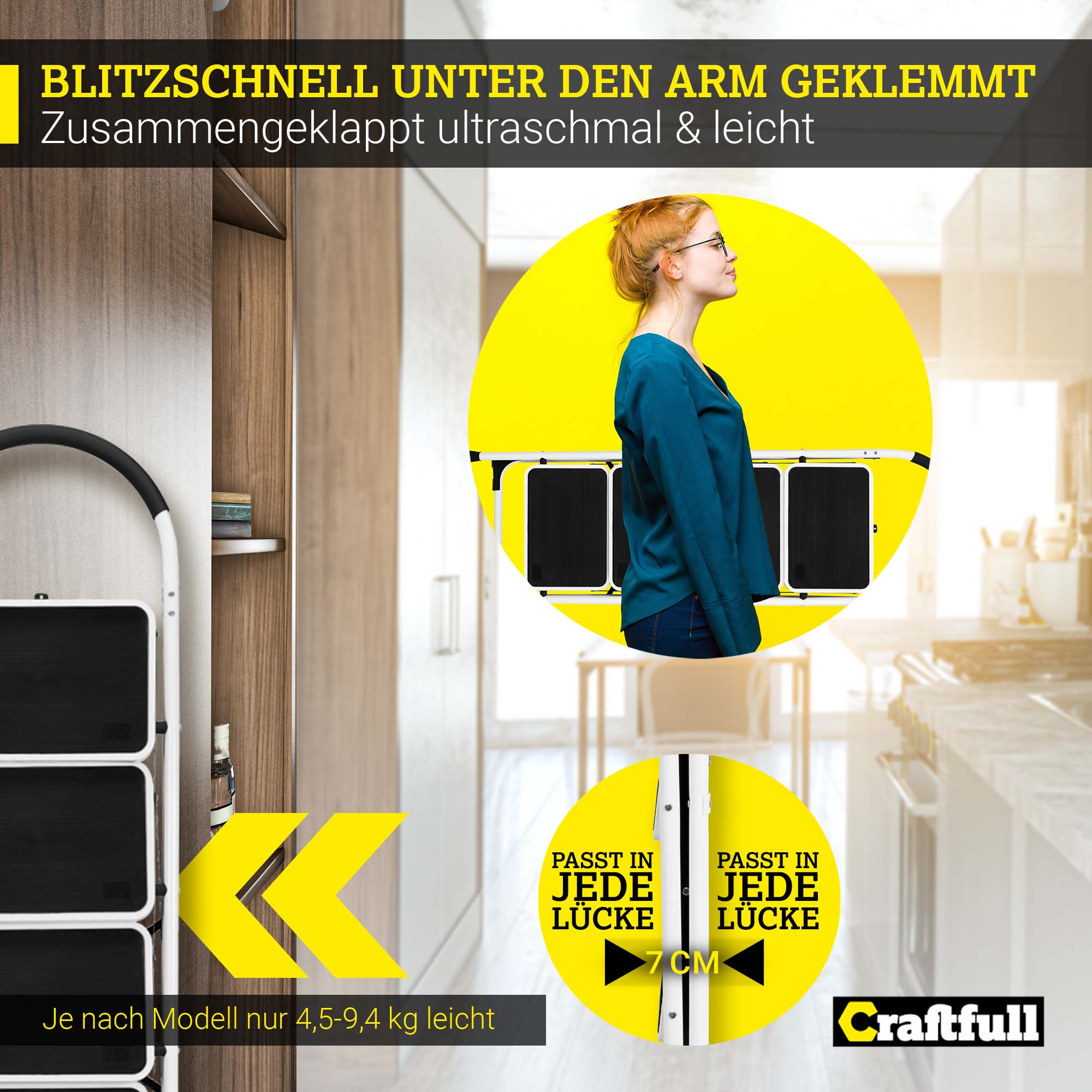 Craftfull Klapptritt CF-130A, 2-5 Stufen, Anti-Rutsch-Tritfflächen, Sicherheitsriegel, 3 J. Garantie (2 Stufen)