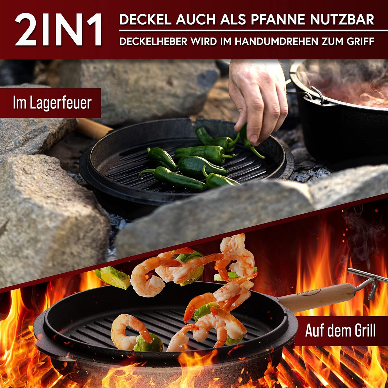 Dutch Oven Set - Eingebrannter Dutch Oven 12 Liter [10-16 Person]-Feuertopf Gusseisen mit Füßen-Schmortopf Doppelfunktion-2in1 Deckelheber, Bürste & DutchOven Rezeptbuch-30 Jahre Garantie